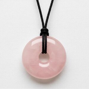VINTAGE Rose Quartz Donut Large Pendant Cord Necklace Pink Crystal Medallion Y2K